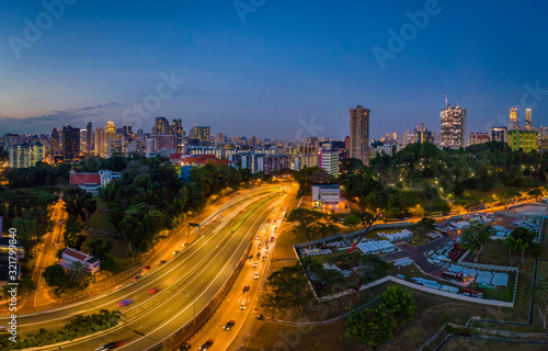 Panorama view of a residential area during sunset, Singapore southern centre, overlook the central CBD