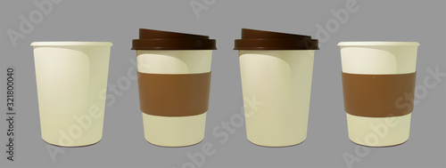 Set paper realistic coffee and tea cup. Mockup isometric coffee mugs. Disposable glass for drinks. Template for products, web banners and leaflets. Vector