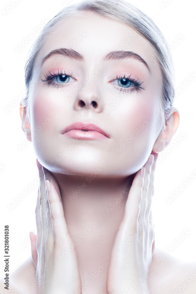 young beauty model woman, healthy perfect skin, blue eyes, nude natural make-up, blonde hair style, touching face. Isolated. White background. Copy space young beauty model woman, healthy perfect skin, blue eyes, nude natural make-up, blonde hair style, touching face. Isolated. White background. Copy space
