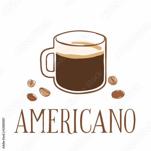Hand drawn cup of coffee and grains around. Inscription americano. Vector graphics