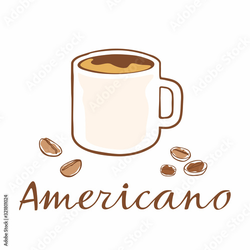 Hand drawn cup of coffee and grains around. Inscription americano. Vector graphics