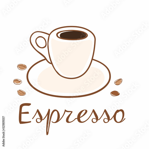 Hand drawn cup of coffee and grains. Inscription espresso. Vector graphics