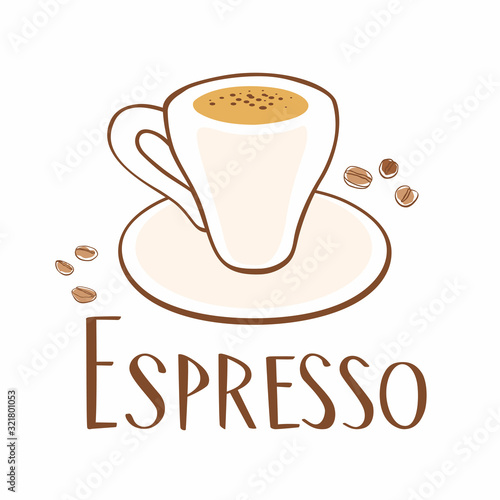 Hand drawn cup of coffee and grains. Inscription espresso. Vector graphics