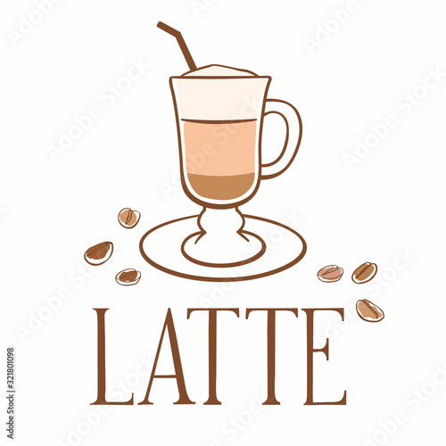 Hand drawn cup of coffee and grains. Inscription latte. Vector graphics