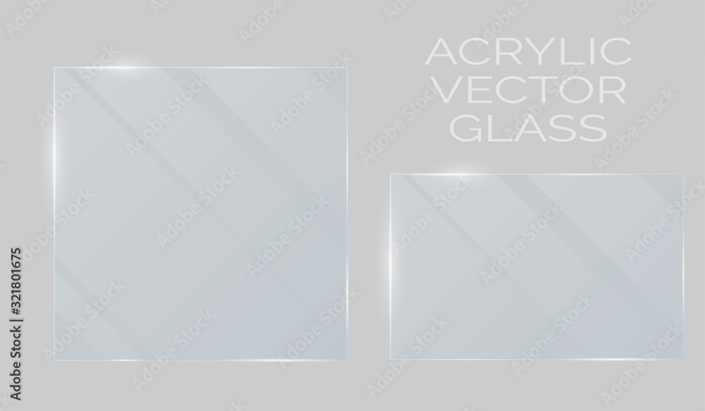 Vector plastic and acrylic glass mockup with glow light reflection on the edge of frame. Window, screen or plate  with shiny glare effect on a transparent white gray background. - obrazy, fototapety, plakaty 