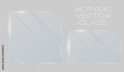 Vector plastic and acrylic glass mockup with glow light reflection on the edge of frame. Window, screen or plate with shiny glare effect on a transparent white gray background.