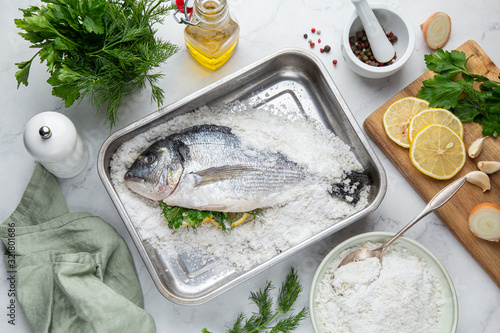 Photography Ingredients for salt-baked dorada fish