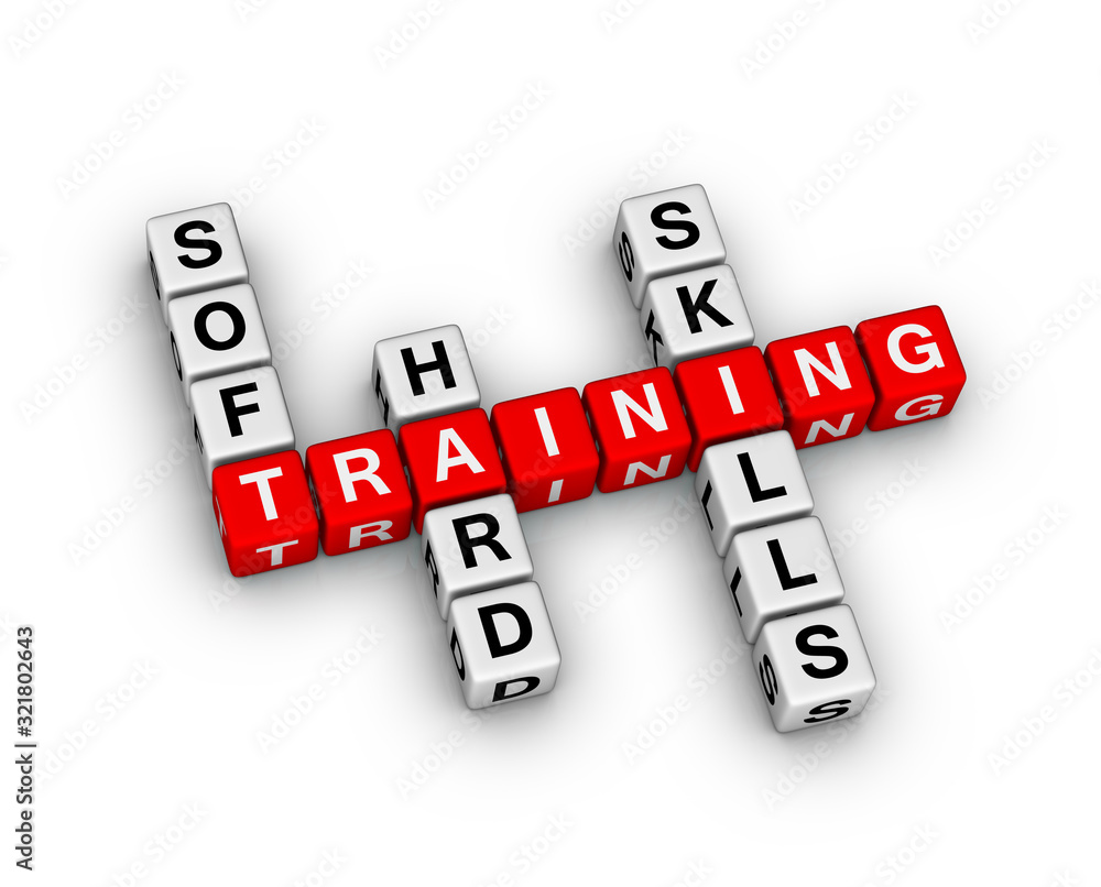 Soft and Hard Skills Traning. 3D cubes crossword puzzle on white background. Soft and Hard Skills Traning. 3D cubes crossword puzzle on white background.