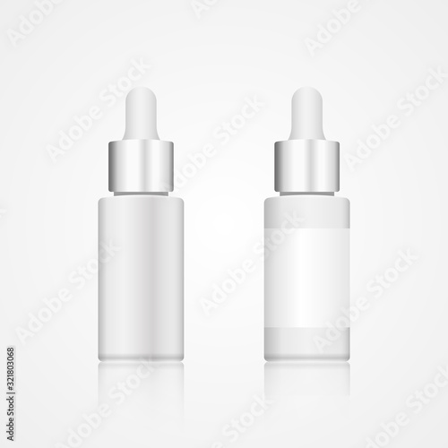 White glass cosmetic bottle mockup. Realistic bottle cosmetic product mockup. Cosmetic vials for oil, liquid essential, serum. Mockup vector isolated. 