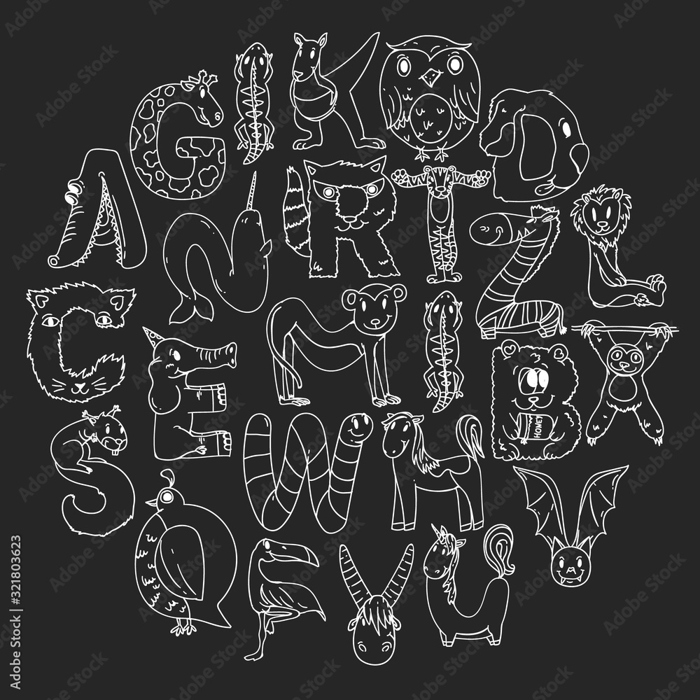 Obraz premium Animal alphabet. Zoo alphabet. Letters from A to Z. Cartoon cute animals. Elephant, dog, flamingo, giraffe, horse, alligator, bear, cat.