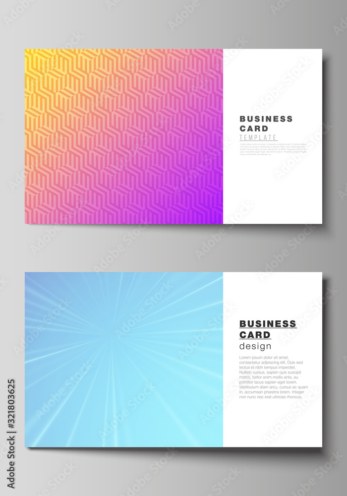 The minimalistic abstract vector illustration of the editable layout of two creative business cards design templates. Abstract geometric pattern with colorful gradient business background. The minimalistic abstract vector illustration of the editable layout of two creative business cards design templates. Abstract geometric pattern with colorful gradient business background.