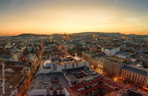 Europe Hungary Budapest parnorama cityscape 360 rooftop bar. Andrassy street. Ede Paulay street. Budapest eye. St. Stephen basilica. Hungarian parliament. Budapest parliamnet. Sunset. Aerial. 
