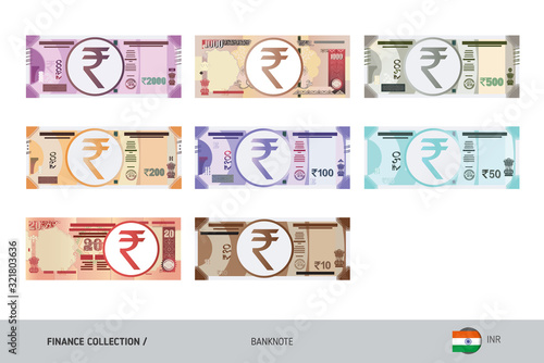 Indian Rupee Banknotes set. Flat style highly detailed vector illustration. Isolated on white background. Suitable for print materials, web design, mobile app and infographics.