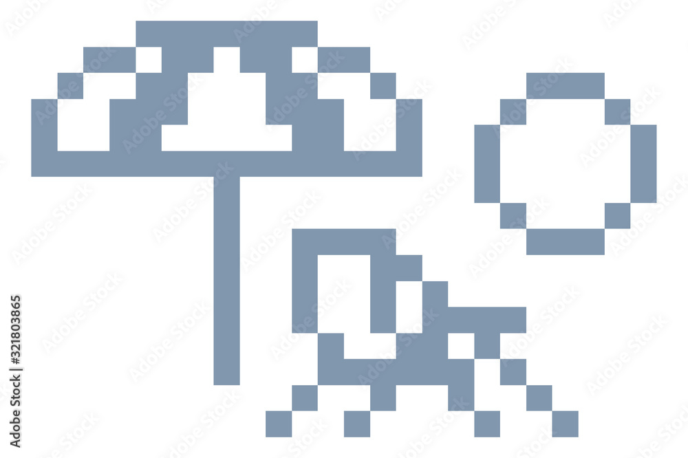 Deck beach chair umbrella and sun icon in a pixel 8 bit video game art style Deck beach chair umbrella and sun icon in a pixel 8 bit video game art style