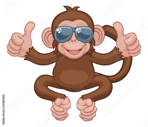 A monkey cool cute happy cartoon character animal wearing sunglasses giving a double thumbs up