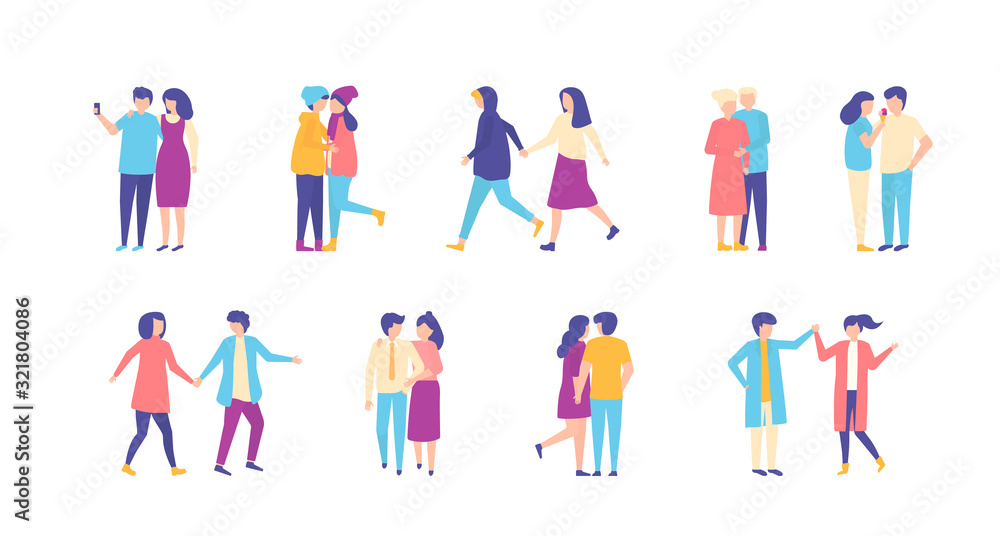 Couples walking set of people casual men and women together vector illustration isolated collection. Different couples stand, walk, hug, talk and take selfies together. Romantic relationships, dates