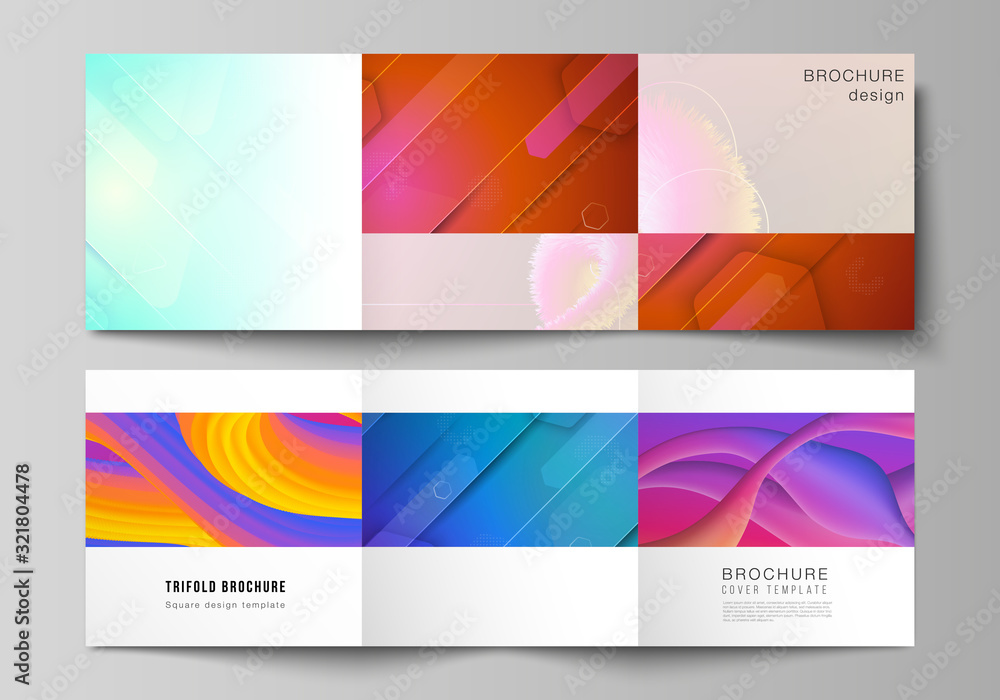 Minimal vector editable layout of square format covers design templates for trifold brochure, flyer, magazine. Futuristic technology design, colorful backgrounds with fluid gradient shapes composition