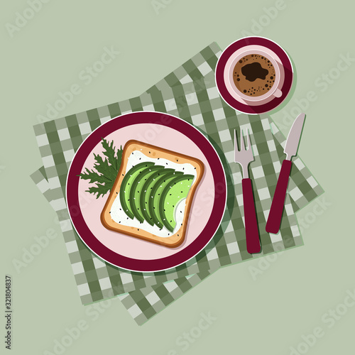 Toast with cream cheese and avocado on a burgundy plate with a cup of coffee on a green checkered napkin. Breakfast option - a sandwich with avocado. Top view