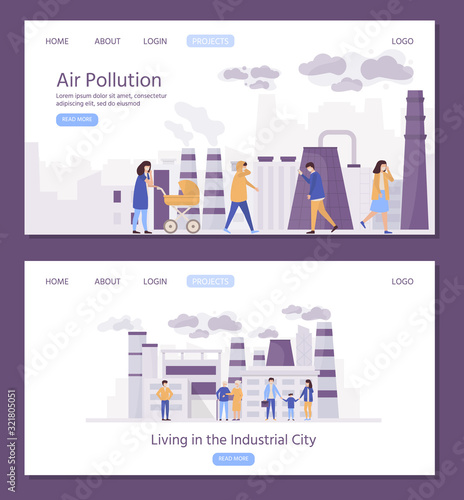 People in polluted industrial city vector illustration website internet landing page template set. Man woman child in masks living in urban air pollution. Smoking factory, plant pipes and chimney.