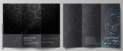 Vector layouts of creative covers design templates for trifold brochure or flyer. Digital technology and big data concept with hexagons, connecting dots and lines, polygonal science medical background