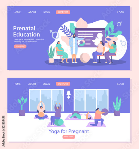 Pregnant women exercises fitness, yoga and prenatal education vector illustration websites page template set. Pregnancy gymnastic activity classes, preparation for childbirth, care internet banners.