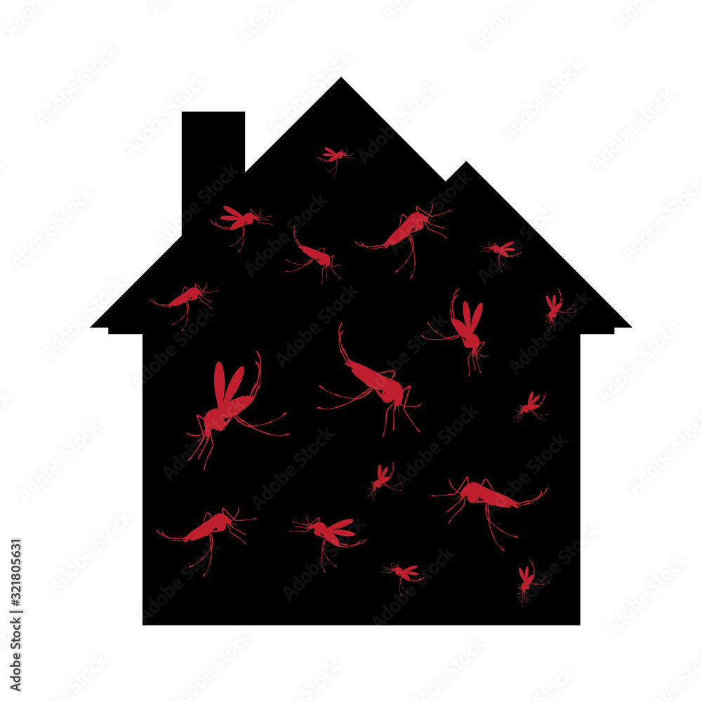 Infested Symble Vector silhouette of mosquito at home mark on white background. Symbol ...