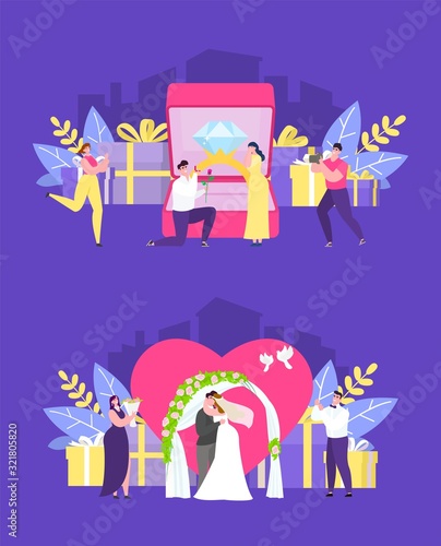Wedding ceremony, marriage proposal, bride and groom happy loving couple vector illustration concept set. Man and woman, heart, engagement ring, wedding arch and gifts. Photographer, friends.