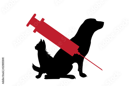 Vector silhouette of dog and cat with vaccination symbol injection on white background. Sign animal testing character.