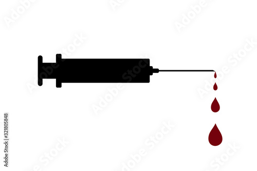 Vector silhouette of injection with drops of blood on white background. Symbol of medical and healthy.