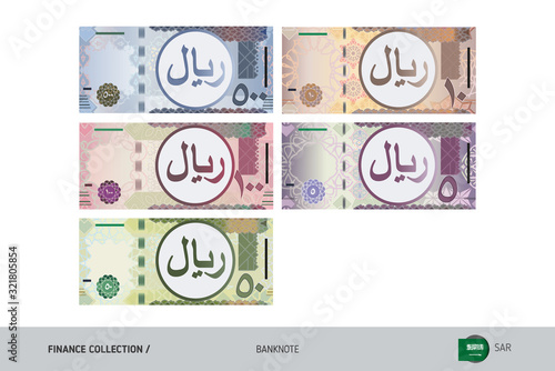 Saudi Arabia Riyal Banknotes set. Flat style highly detailed vector illustration. Isolated on white background. Suitable for print materials, web design, mobile app and infographics.