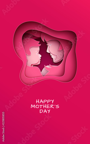 Mother's day greeting poster, abstract cut shape on red background. Woman & baby silhouettes, congratulation text. Pink design element for holiday banner, flyer. Paper cut style, vector illustration