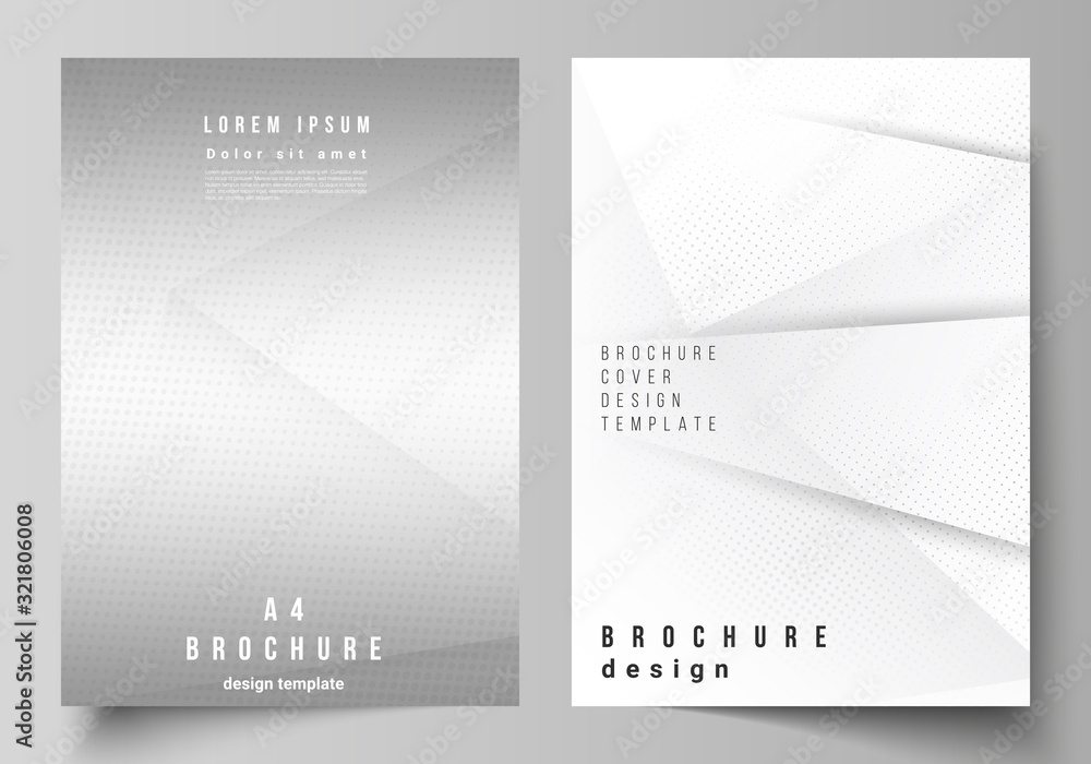 Fototapeta premium Vector layout of A4 cover mockups design templates for brochure, flyer layout, cover design, book design, brochure cover. Halftone dotted background with gray dots, abstract gradient background.