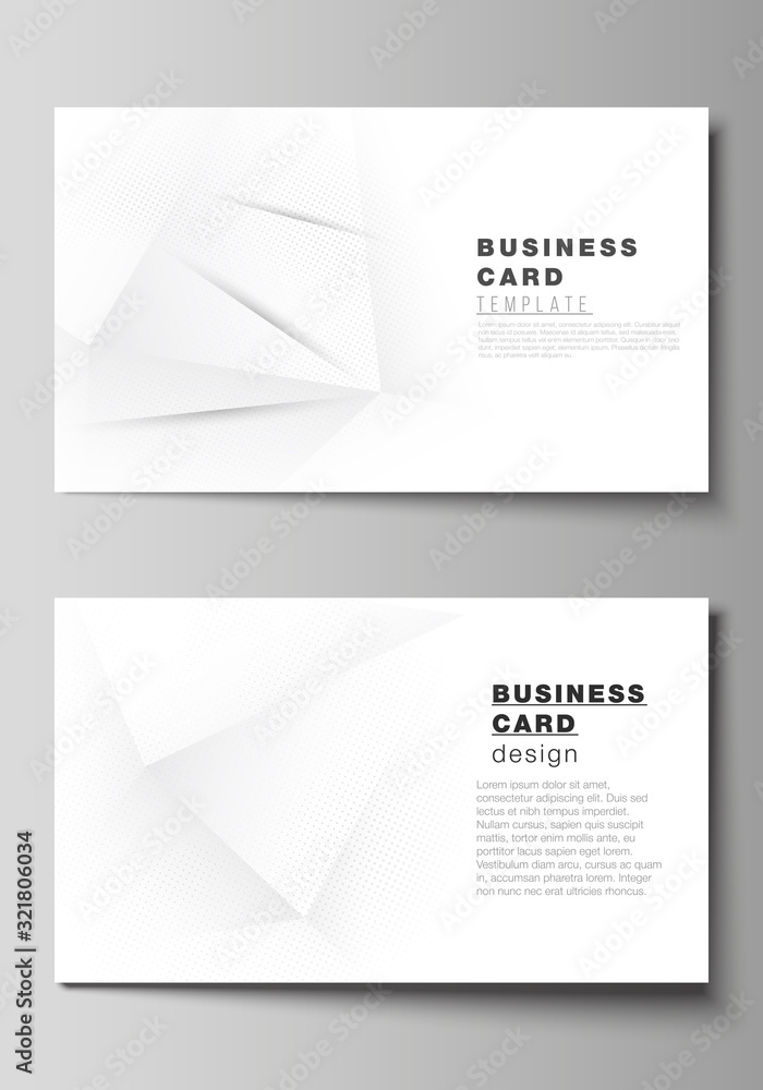 Vector layout of two creative business cards design templates, horizontal template vector design. Halftone dotted background with gray dots, abstract gradient background.