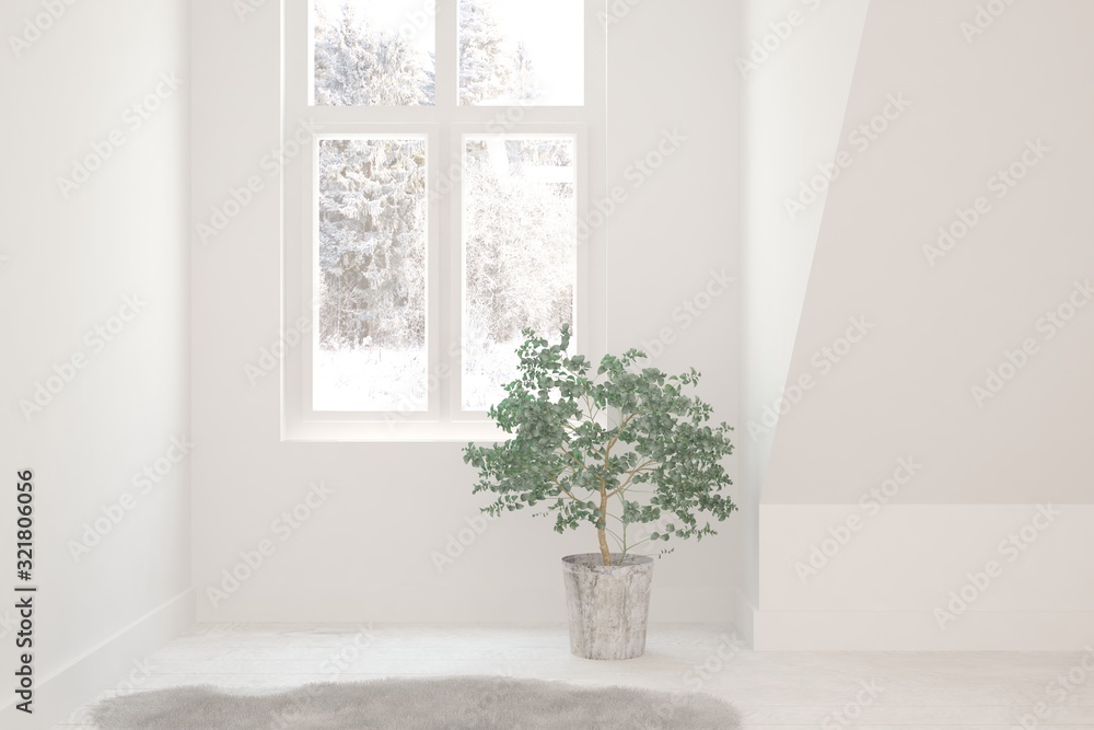 Mock up of empty room in white color with winter landscape in window. Scandinavian interior design. 3D illustration Mock up of empty room in white color with winter landscape in window. Scandinavian interior design. 3D illustration