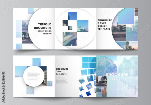 Vector layout of square format covers templates for trifold brochure, flyer, magazine, cover design, book design, brochure cover. Abstract design project in geometric style with blue squares.