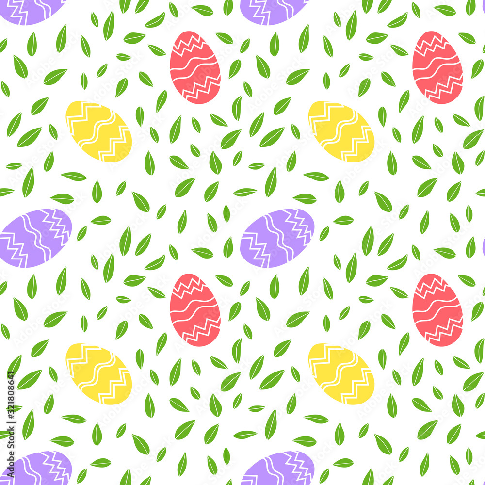 Seamless vector pattern. Painted Easter eggs with leaves, branches and flowers. Design for wrapping paper, card or textile. Objects are drawn by hand on a white background Seamless vector pattern. Painted Easter eggs with leaves, branches and flowers. Design for wrapping paper, card or textile. Objects are drawn by hand on a white background