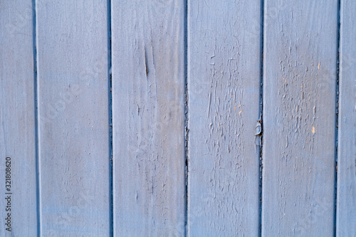Peeling paint on old blue wooden door. Background texture.