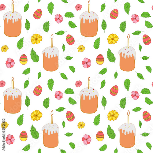 Seamless vector pattern. Easter cake, painted easter eggs with leaves, branches and flowers. Design for wrapping paper, card or textile. Objects are drawn by hand on a white background