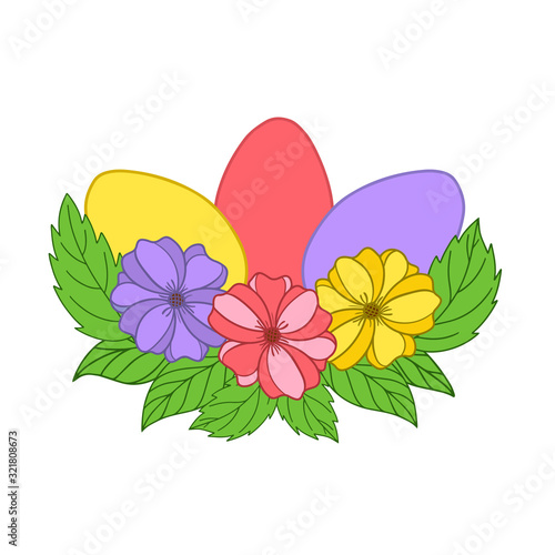 Color vector illustration. Easter eggs with flowers and branches with leaves. Happy easter. Stroked elements, hand-drawn and grouped and isolated on a white background. doodle.
