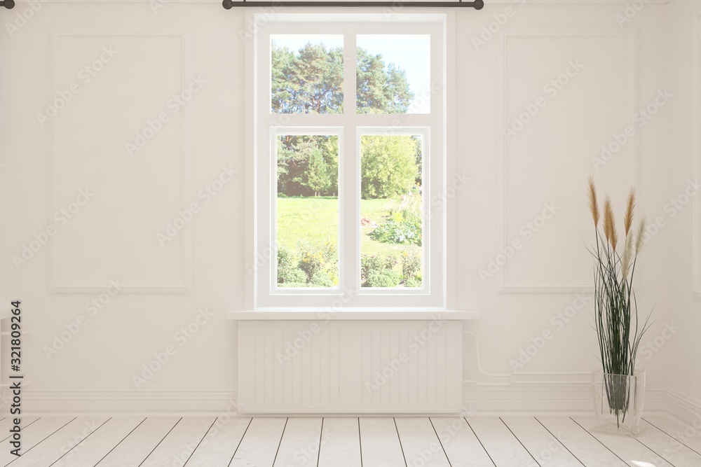 Fototapeta premium Stylish empty room in white color with summer landscape in window. Scandinavian interior design. 3D illustration