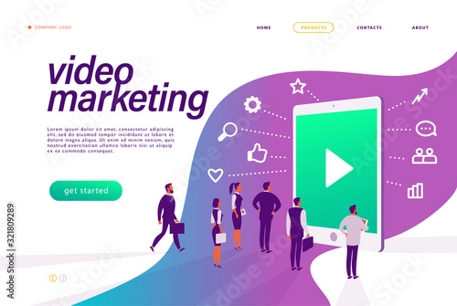Video marketing concept. People at tablet metaphor, video, media, search, communication, review, business icons. Vector flat illustration. 