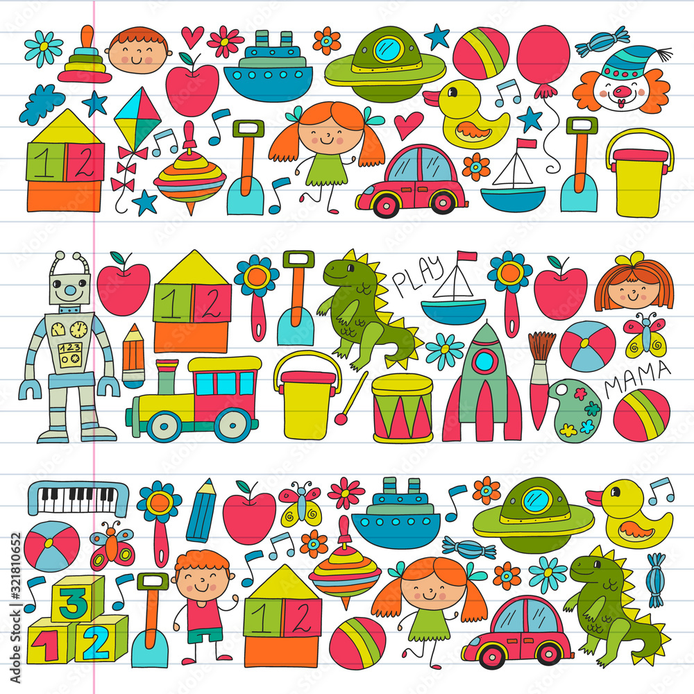 Kindergarten preschool school children. Kids drawing style vector pattern. Play grow learn together. Kindergarten preschool school children. Kids drawing style vector pattern. Play grow learn together.