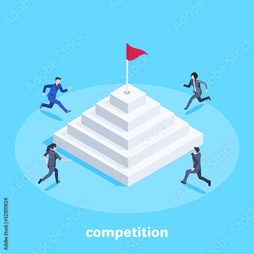 isometric vector image on a blue background, men and women in business suits compete in who first runs up to the top of the pyramid and takes the championship flag