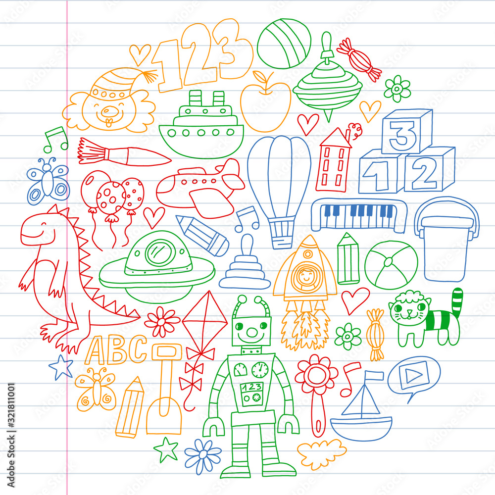 Kindergarten preschool school children. Kids drawing style vector pattern. Play grow learn together. Kindergarten preschool school children. Kids drawing style vector pattern. Play grow learn together.