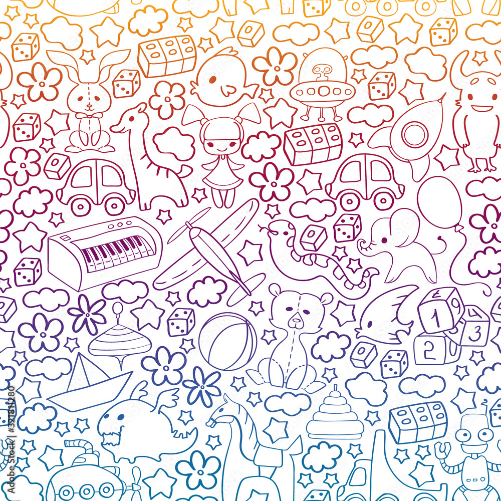 Vector pattern with children toys. Kindergarten elements in doodle style for little kids. Education, play, grow Vector pattern with children toys. Kindergarten elements in doodle style for little kids. Education, play, grow
