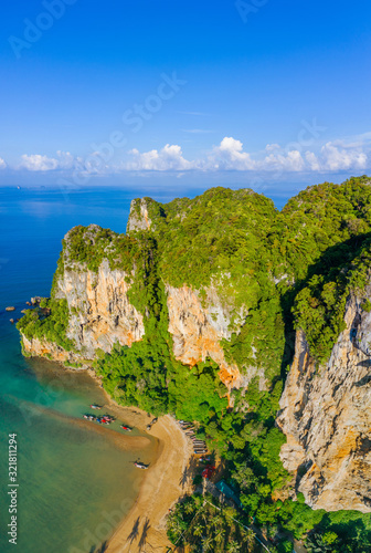 Krabi - Railay beach seen from a drone. One of Thailand's most famous luxurious beach. 