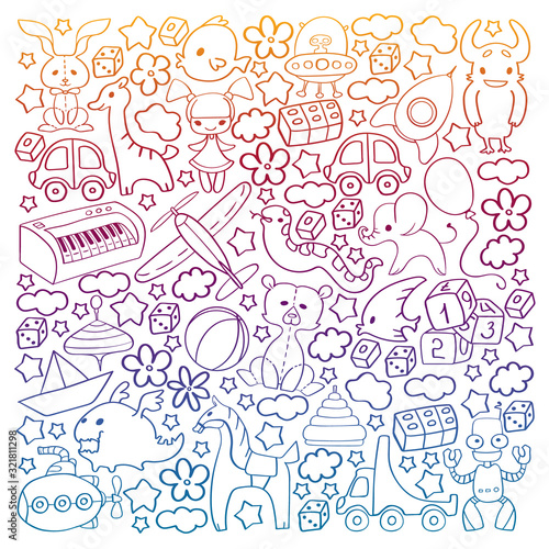 Vector pattern with children toys. Kindergarten elements in doodle style for little kids. Education  play  grow