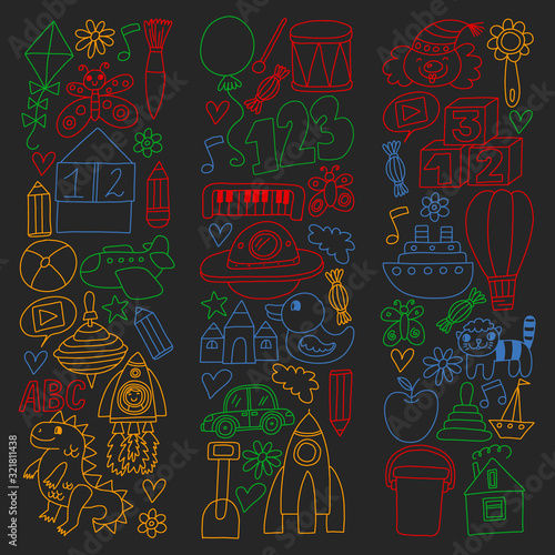 Vector pattern with children toys. Robot, rocket, horse, doll