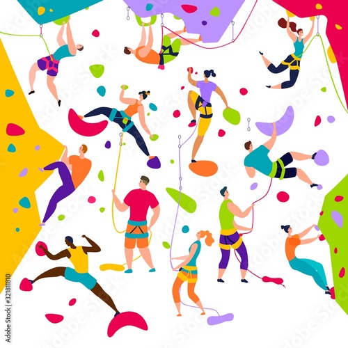 Climbing people active characters vector illustration set. Mountain extreme sport climbers on high wall.