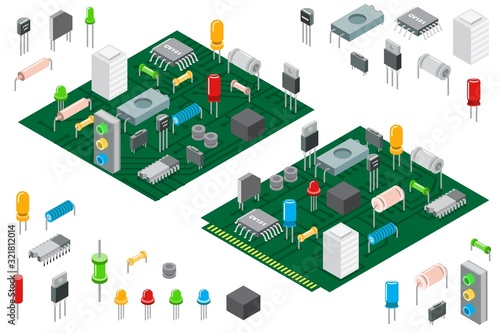 Electronic hardware components and integrated circuit board isometric vector illustration isolated on white
